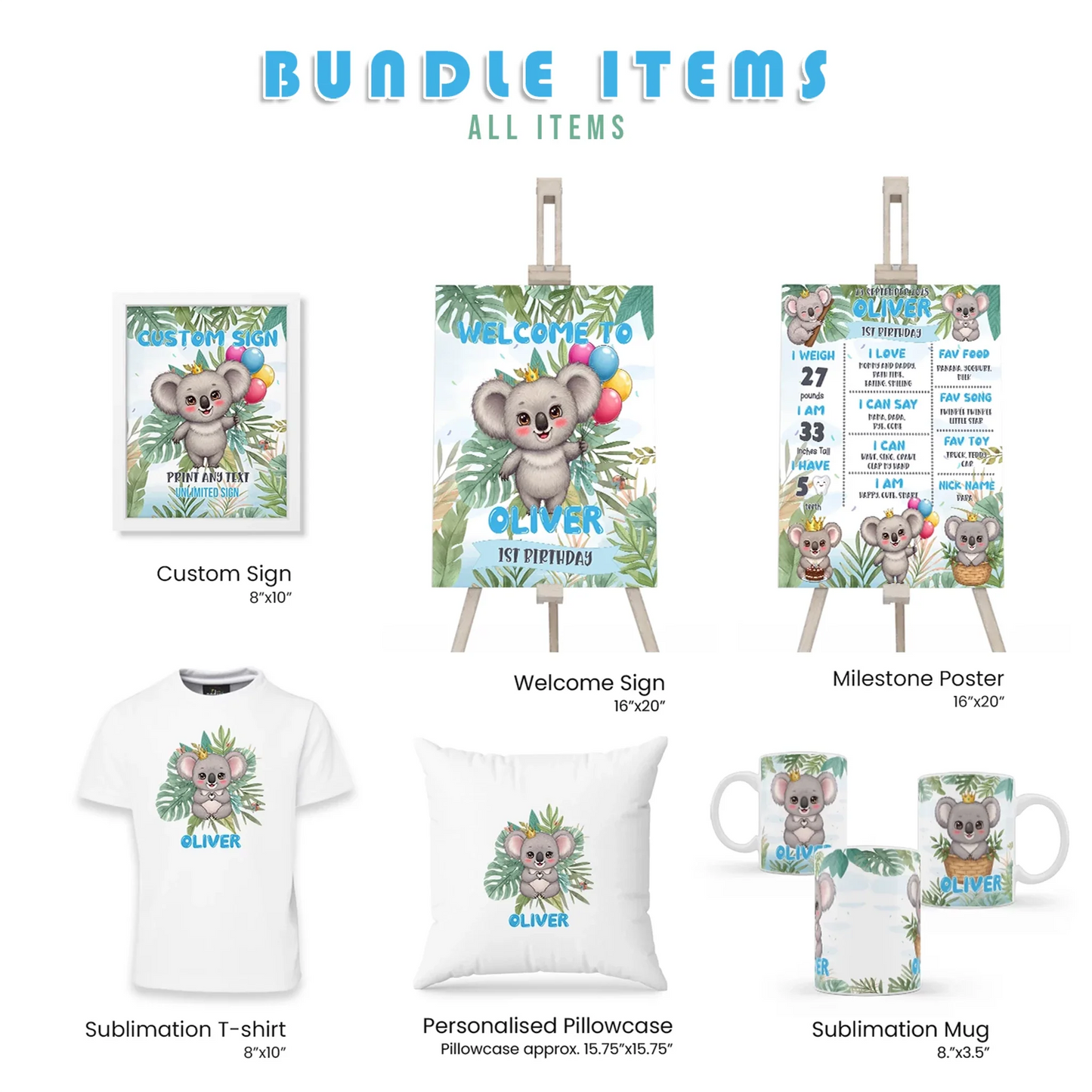 Koala Personalized Digital Template Party Pack Bundle