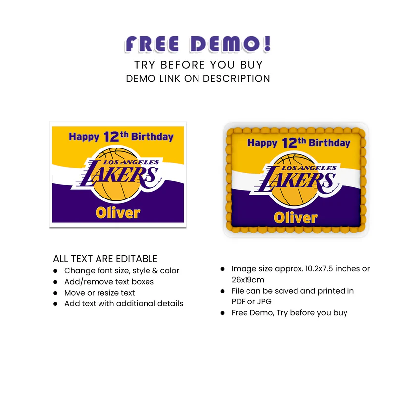 LA Lakers Edible Sheet Cake Topper Custom Full Sheet Design