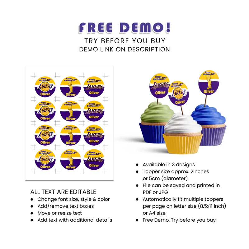 LA Lakers Cupcakes Toppers Printable Round Party Decorations