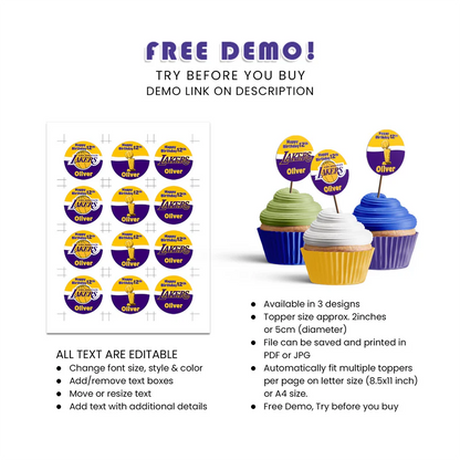 LA Lakers Cupcakes Toppers Printable Round Party Decorations