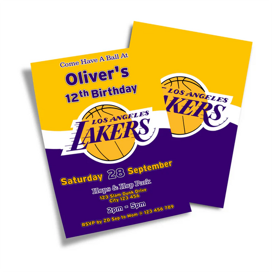 LA Lakers birthday card invitations with purple and gold graphics fanned out on flat surface