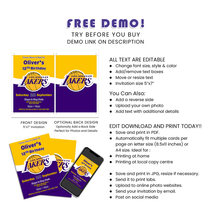 LA Lakers Card Invitations Custom Printed Party Invite Design