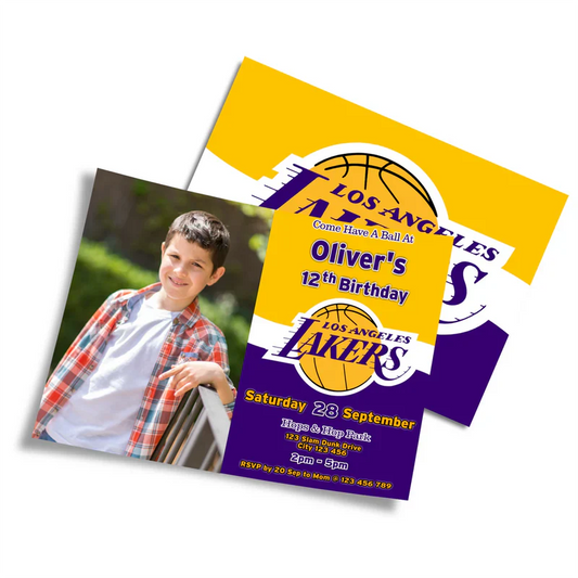 LA Lakers photo card invitations with player silhouette and custom text on clean white background