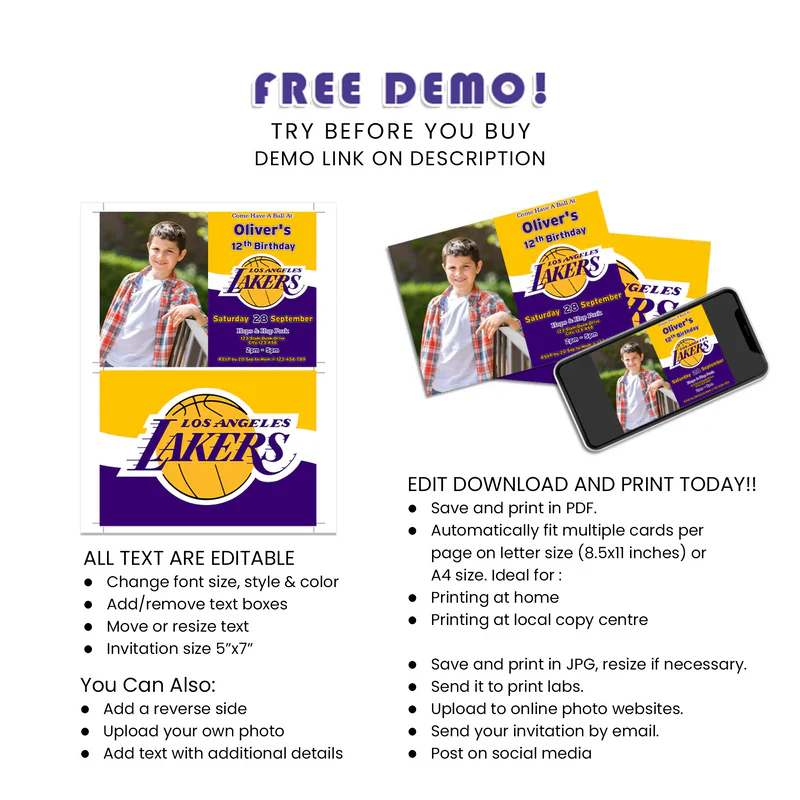 LA Lakers Photo Card Invitations Personalized Basketball Theme
