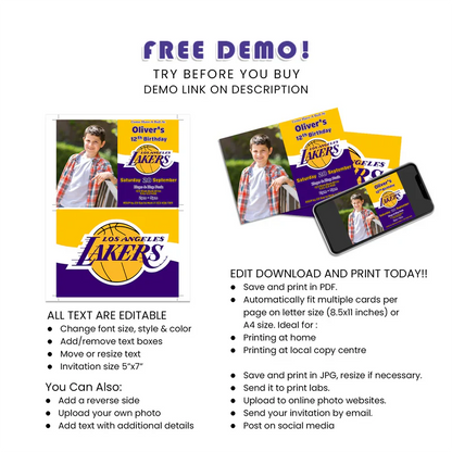 LA Lakers Photo Card Invitations Personalized Basketball Theme