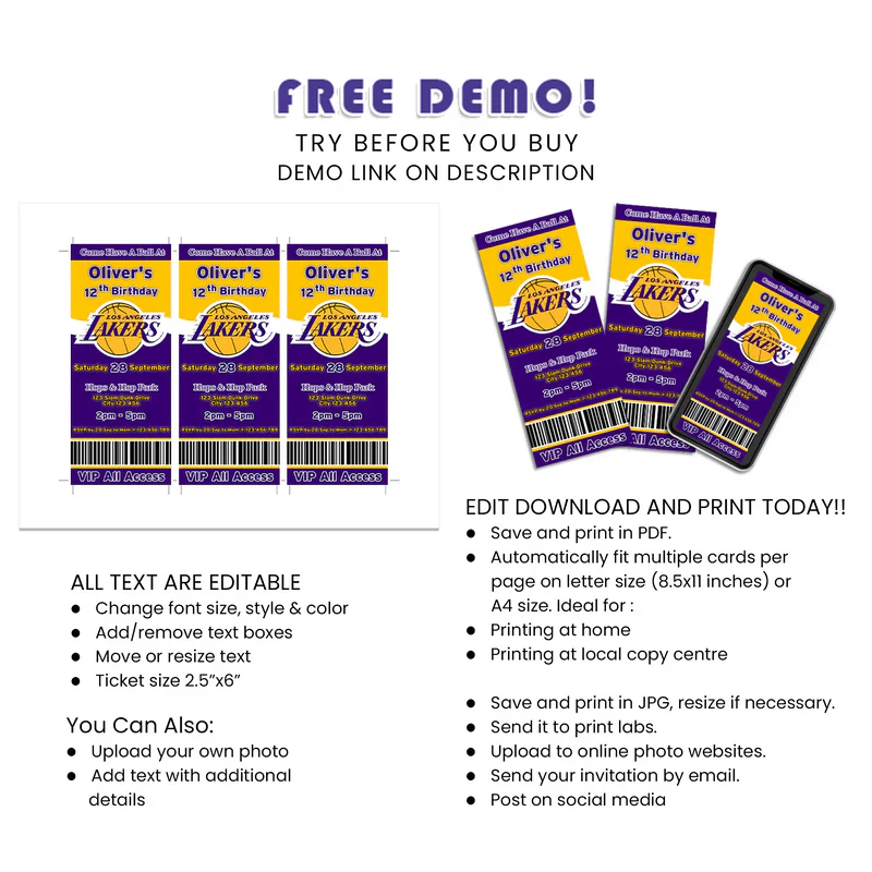 LA Lakers Ticket Invitations Custom Sports Theme Party Invite