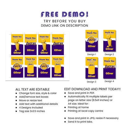 LA Lakers Favor Tags Custom Basketball Theme Party Labels