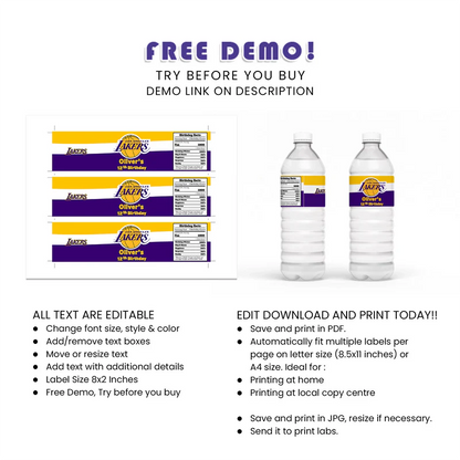 LA Lakers Water Bottle Label Custom Printable Party Wrap