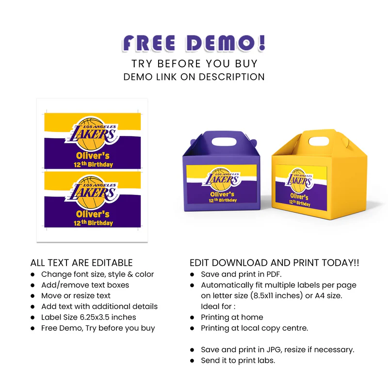 LA Lakers Treat Box Label Printable Basketball Theme Tag