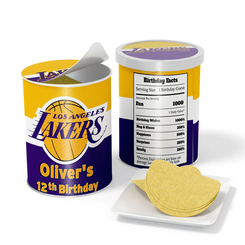 LA Lakers small Pringles label wrapped around can in team colors with editable name