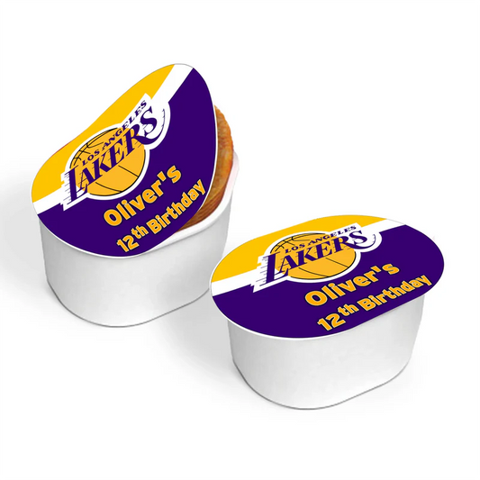 LA Lakers mini Pringles label in purple and gold on circular lid with matching theme