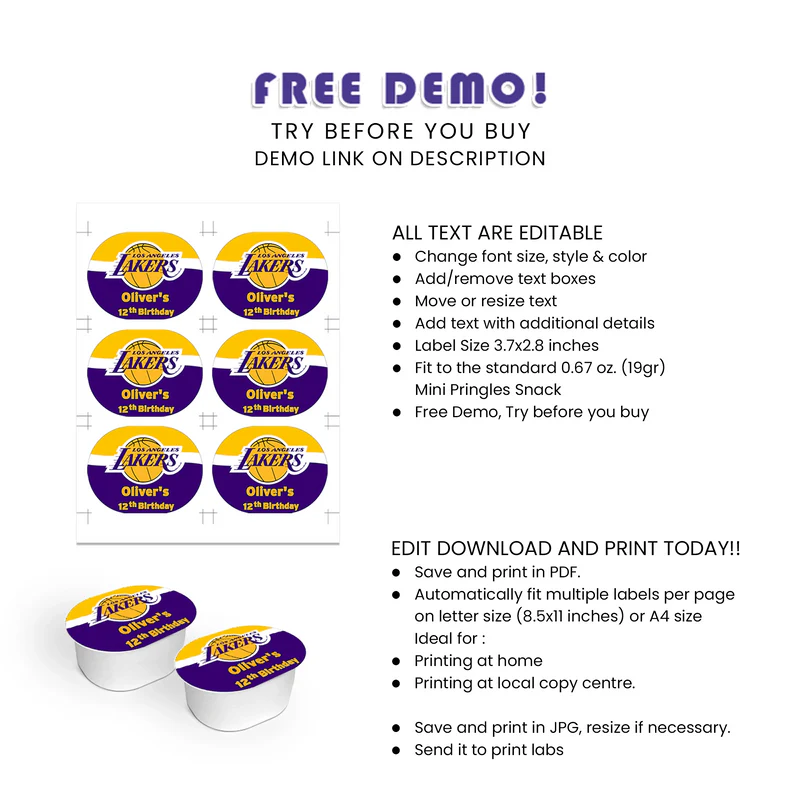 LA Lakers Mini Pringles Label Round Sticker Party Printable