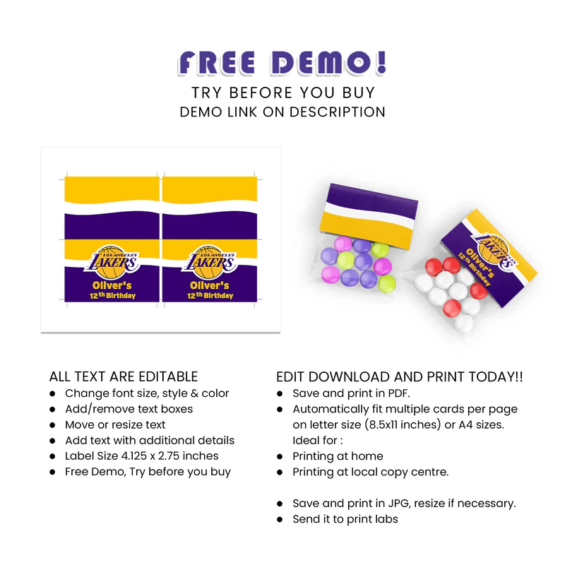 LA Lakers Treat Bag Topper Label Foldable Printable Party Tag
