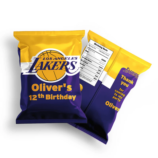 LA Lakers chips bag label in purple and gold wrapped around snack bag with custom name