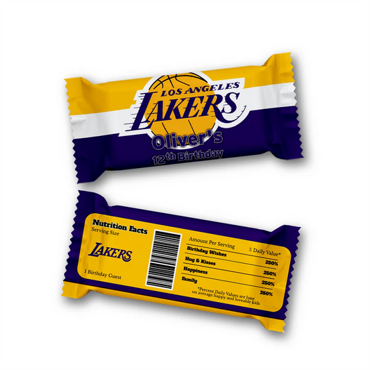LA Lakers Rice Krispies and candy bar labels in matching Lakers colors side by side on white