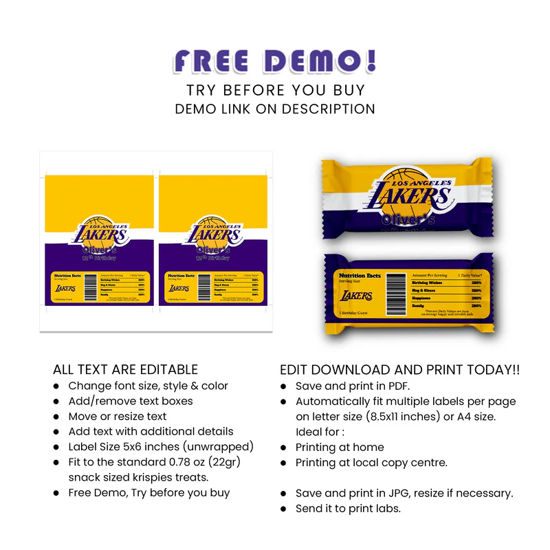 LA Lakers Krispies & Candy Bar Label Wraparound Printable