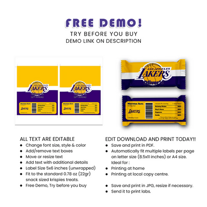 LA Lakers Krispies & Candy Bar Label Wraparound Printable
