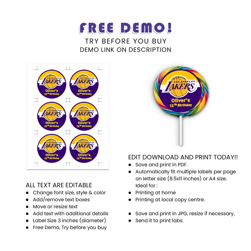 LA Lakers Lollipop Label Round Party Favor Sticker Design