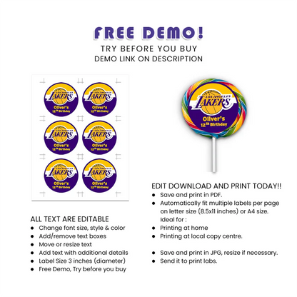 LA Lakers Lollipop Label Round Party Favor Sticker Design
