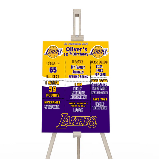 LA Lakers milestone poster with custom age stats and Lakers theme in portrait layout