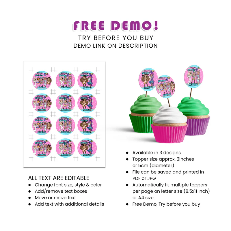 LOL Dolls Personalized Cupcakes Toppers