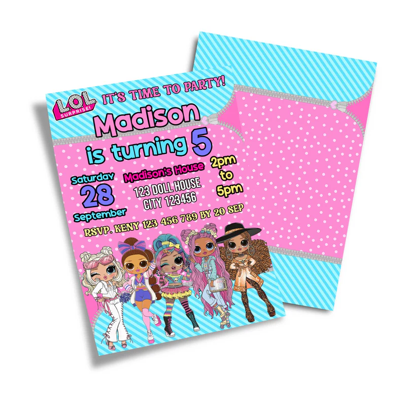 LOL Dolls Personalized Birthday Card Invitations for girls party with custom details