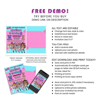 LOL Dolls Personalized Birthday Card Invitations