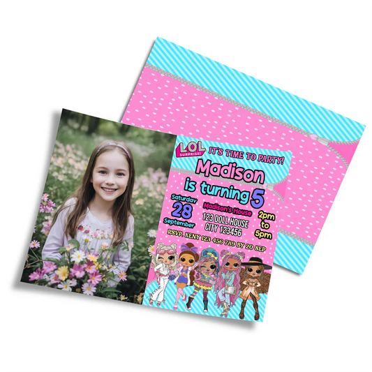 LOL Dolls Personalized Photo Card Invitations with child's photo and birthday info