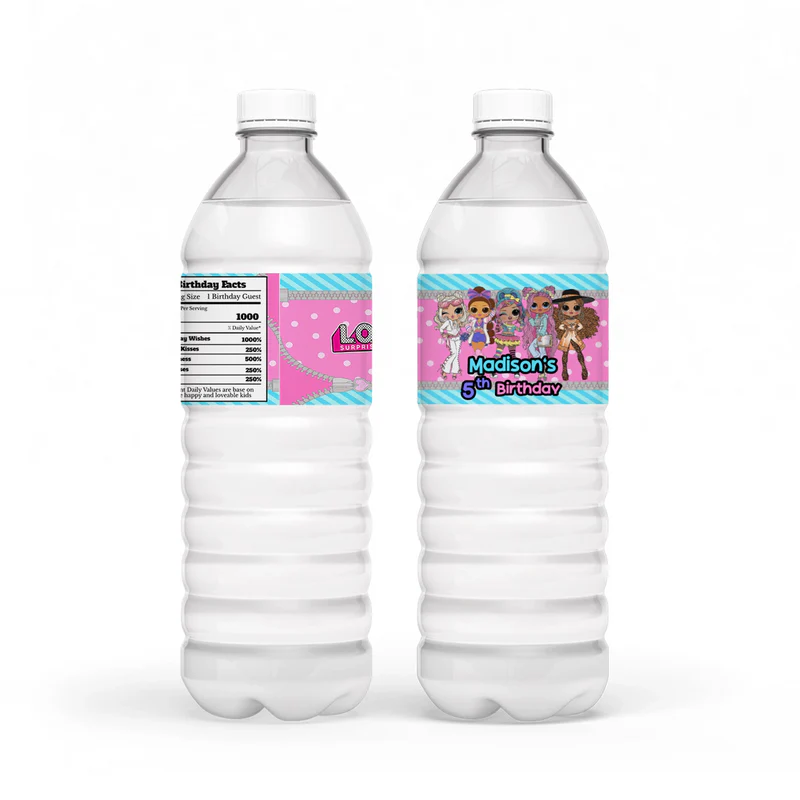 LOL Dolls Water Bottle Label with party name and themed design for bottles
