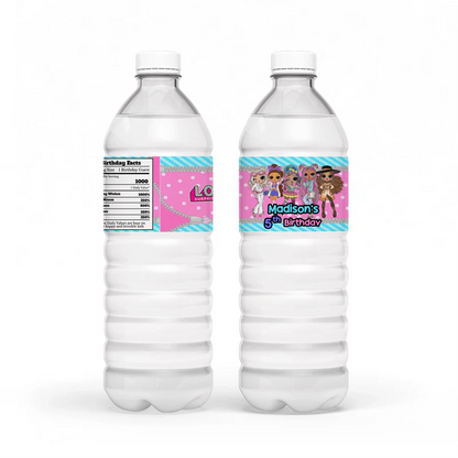 LOL Dolls Water Bottle Label with party name and themed design for bottles