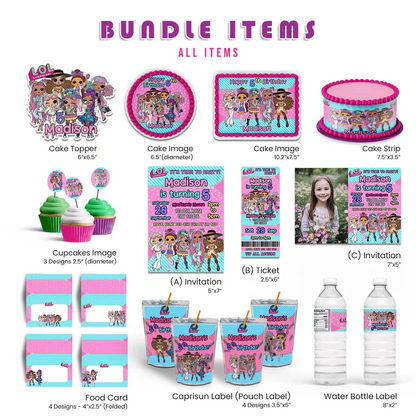 LOL Dolls Personalized Digital Template Party Pack with printable decorations and party items
