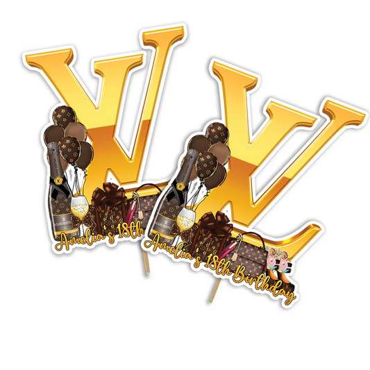 Louis Vuitton inspired cake toppers personalized with gold lettering and brown monogram flat lay