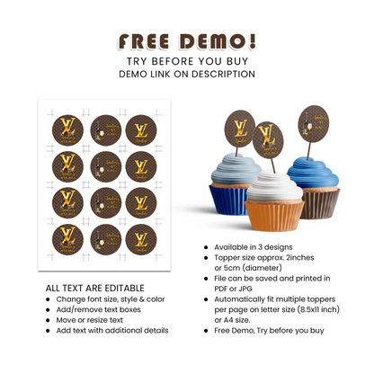 Louis Vuitton Inspired Cupcake Toppers Personalized Party Decoration