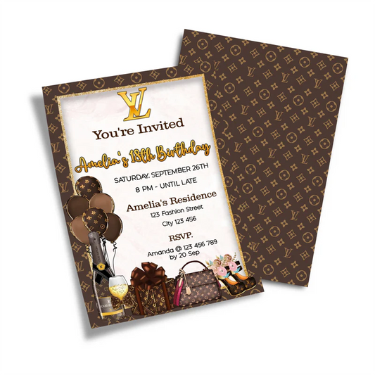 Louis Vuitton inspired birthday card invitations with custom name and brown monogram design flat lay