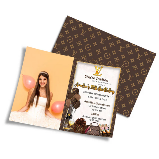 Louis Vuitton inspired photo card invitations with personal photo and gold brown pattern flat lay