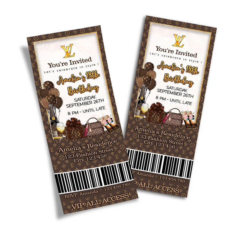 Louis Vuitton inspired birthday ticket invitations with luxury theme and editable text flat lay
