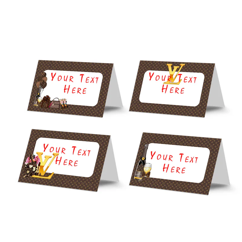 Louis Vuitton inspired food cards with luxury pattern folded and arranged on party table setup