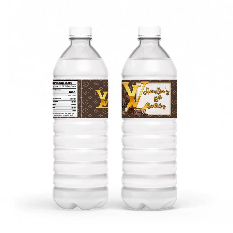 Louis Vuitton inspired water bottle label with custom name and brown gold pattern on white bottle
