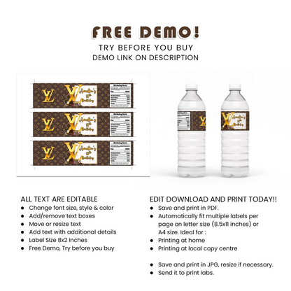Louis Vuitton Inspired Water Bottle Label Personalized Party Decor