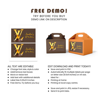 Louis Vuitton Inspired Treat Box Label Personalized Favor Sticker