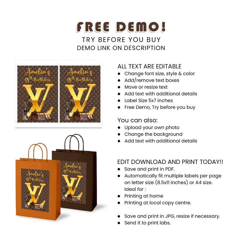 Louis Vuitton Inspired Goodie Bag Label Personalized Party Supply