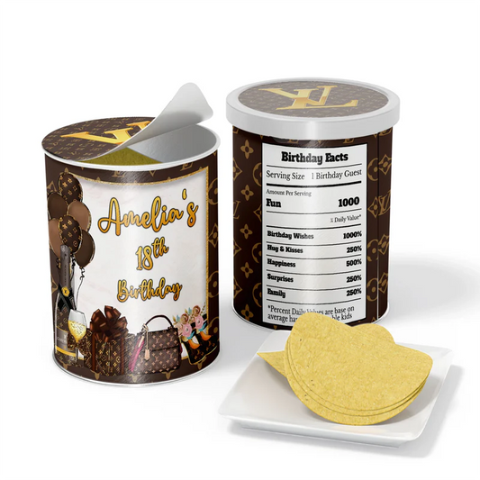 Louis Vuitton inspired small Pringles label with gold monogram design wrapped around mini chip can