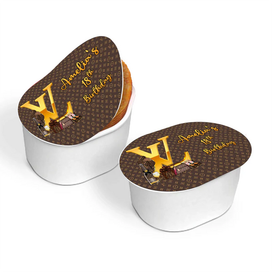 Louis Vuitton inspired mini Pringles label with brown designer print on party-sized snack container