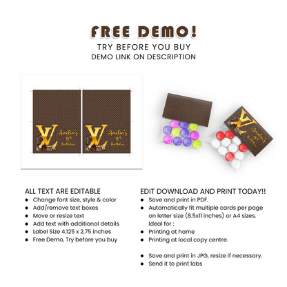 Louis Vuitton Inspired Treat Bag Topper Label Custom Printable Design