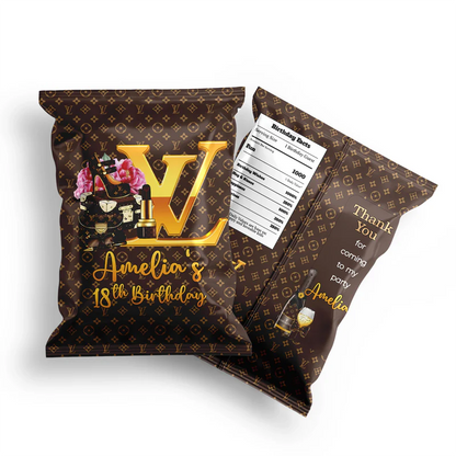 Louis Vuitton inspired chips bag label with editable text and brown monogram pattern flat lay