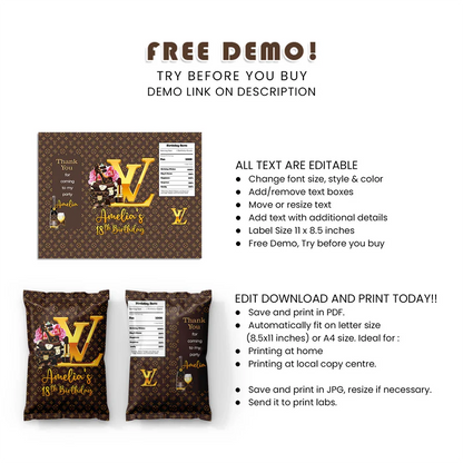 Louis Vuitton Inspired Chips Bag Label Personalized Party Snack Wrap