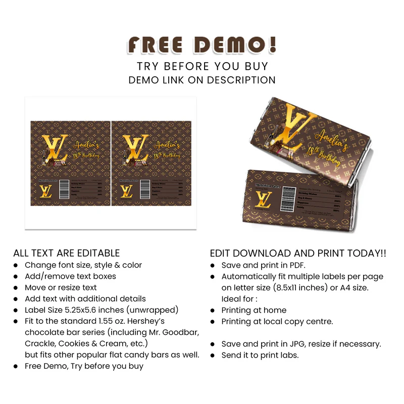 Louis Vuitton Inspired Chocolate Label Custom Candy Bar Wrapper