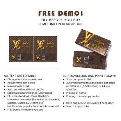 Louis Vuitton Inspired Chocolate Label Custom Candy Bar Wrapper