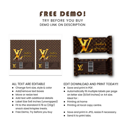 Louis Vuitton Inspired Rice Krispies & Candy Bar Labels Personalized