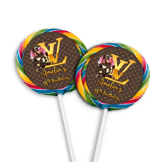 Louis Vuitton inspired lollipop label with round monogram design and name tag on stick candy